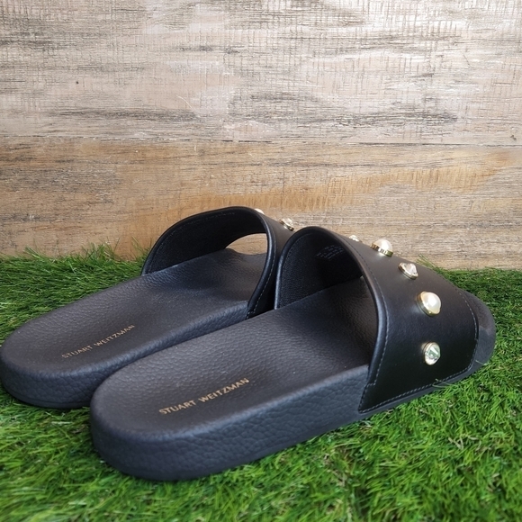 New Stuart WeitzmanWomen's Black Pearlshine Pool Leather Slide Sz 11.0 - Picture 4 of 11